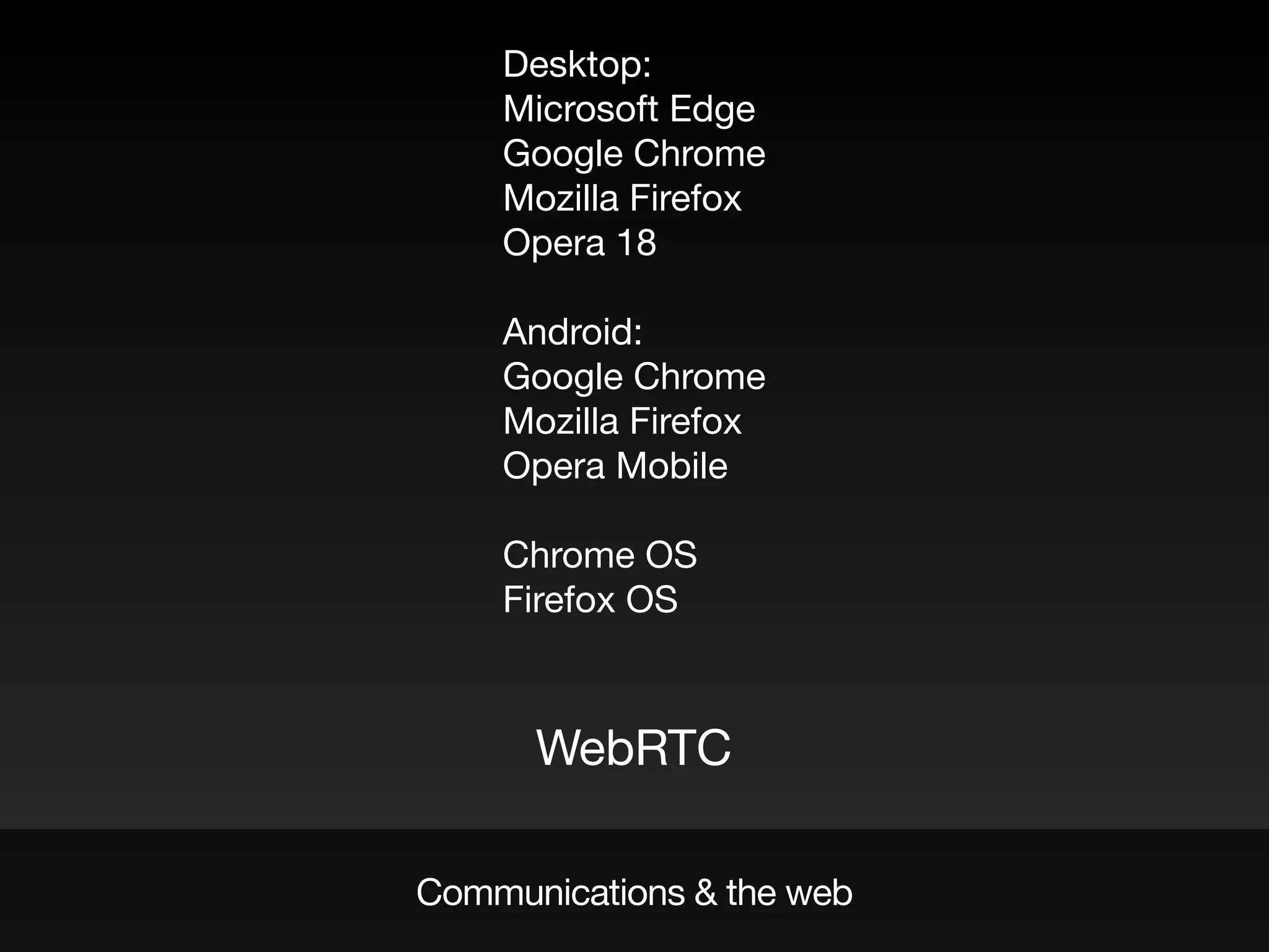 Communications & the web
WebRTC
Desktop:

Microsoft Edge

Google Chrome

Mozilla Firefox

Opera 18

Android:

Google Chrome

Mozilla Firefox

Opera Mobile

Chrome OS

Firefox OS
 