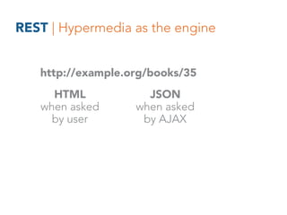 REST | Hypermedia as the engine
For humans and machines.
Don’t make us read your manual.
Make your information actionable....