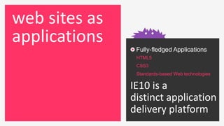 web sites as
applications
                Fully-fledged Applications
                HTML5
                CSS3
                Standards-based Web technologies

               IE10 is a
               distinct application
               delivery platform
 
