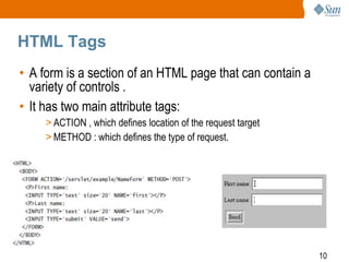 10
HTML Tags
• A form is a section of an HTML page that can contain a
variety of controls .
• It has two main attribute tags:
> ACTION , which defines location of the request target
> METHOD : which defines the type of request.
 