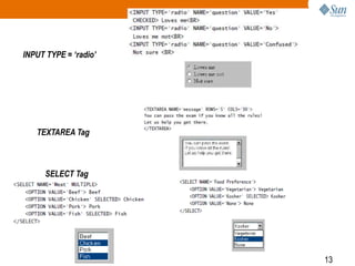 13
SELECT Tag
INPUT TYPE = ‘radio’
TEXTAREA Tag
 