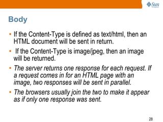 28
Body
• If the Content-Type is defined as text/html, then an
HTML document will be sent in return.
• If the Content-Type is image/jpeg, then an image
will be returned.
• The server returns one response for each request. If
a request comes in for an HTML page with an
image, two responses will be sent in parallel.
• The browsers usually join the two to make it appear
as if only one response was sent.
 