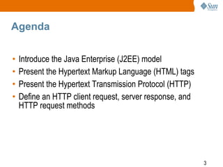 3
Agenda
• Introduce the Java Enterprise (J2EE) model
• Present the Hypertext Markup Language (HTML) tags
• Present the Hypertext Transmission Protocol (HTTP)
• Define an HTTP client request, server response, and
HTTP request methods
 