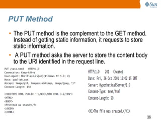 36
PUT Method
• The PUT method is the complement to the GET method.
Instead of getting static information, it requests to store
static information.
• A PUT method asks the server to store the content body
to the URI identified in the request line.
 