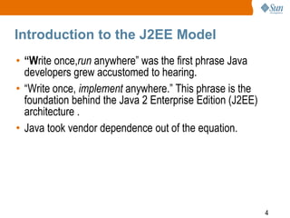 4
Introduction to the J2EE Model
• “Write once,run anywhere” was the first phrase Java
developers grew accustomed to hearing.
• “Write once, implement anywhere.” This phrase is the
foundation behind the Java 2 Enterprise Edition (J2EE)
architecture .
• Java took vendor dependence out of the equation.
 