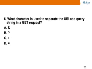 55
6. What character is used to separate the URI and query
string in a GET request?
A. &
B. ?
C. +
D. =
 