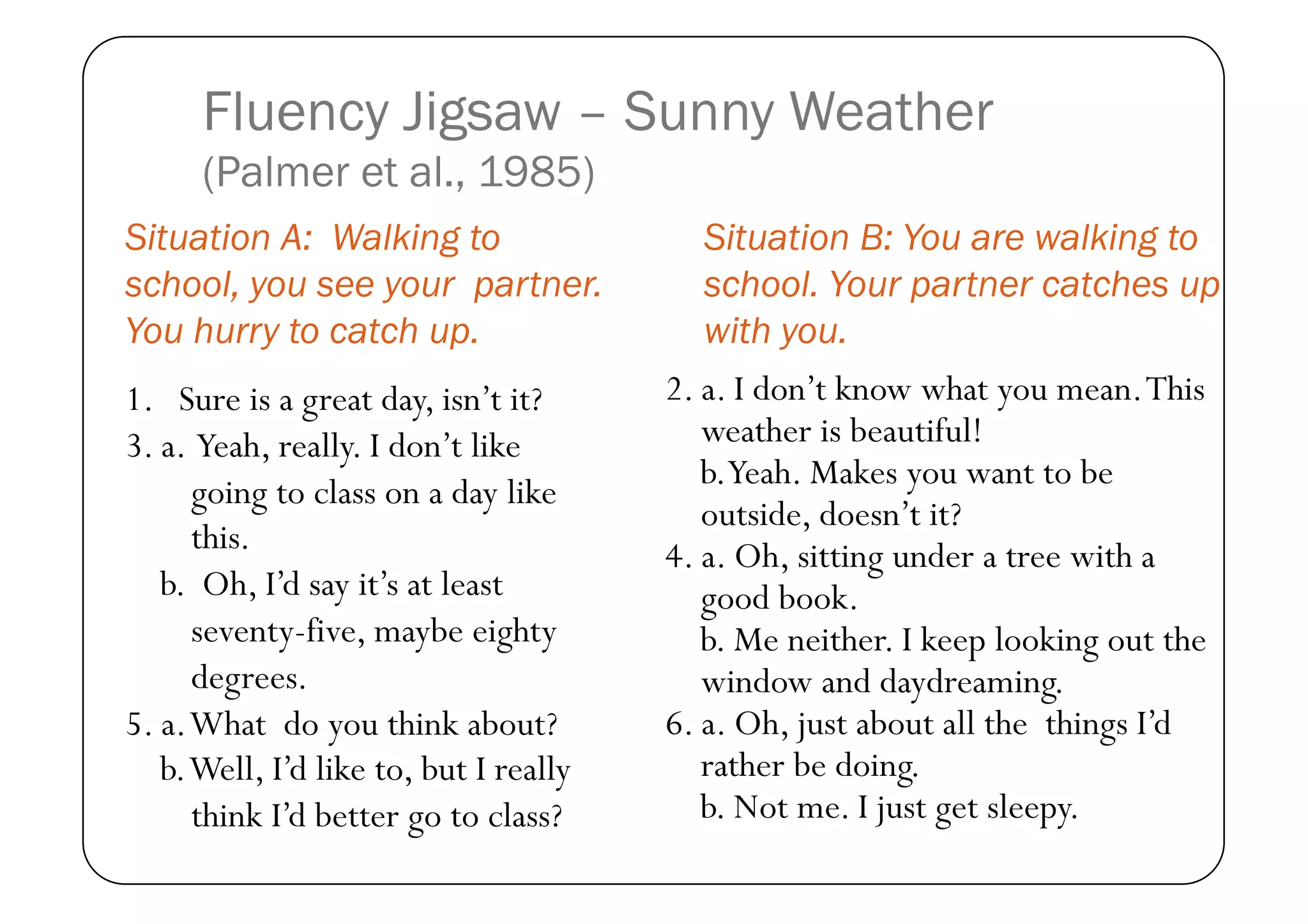 Fluency Jigsaw – Sunny Weather
      (Palmer et al., 1985)
Situation A: Walking to                    Situation B: You are walking to
school, you see your partner.              school. Your partner catches up
You hurry to catch up.                     with you.
1. Sure is a great day, isn’t it?       2. a. I don’t know what you mean. This
3. a. Yeah, really. I don’t like           weather is beautiful!
                                           b.Yeah. Makes you want to be
      going to class on a day like
                                           outside, doesn’t it?
      this.                             4. a. Oh, sitting under a tree with a
   b. Oh, I’d say it’s at least            good book.
      seventy-five, maybe eighty           b. Me neither. I keep looking out the
      degrees.                             window and daydreaming.
5. a. What do you think about?          6. a. Oh, just about all the things I’d
   b. Well, I’d like to, but I really      rather be doing.
      think I’d better go to class?        b. Not me. I just get sleepy.
 