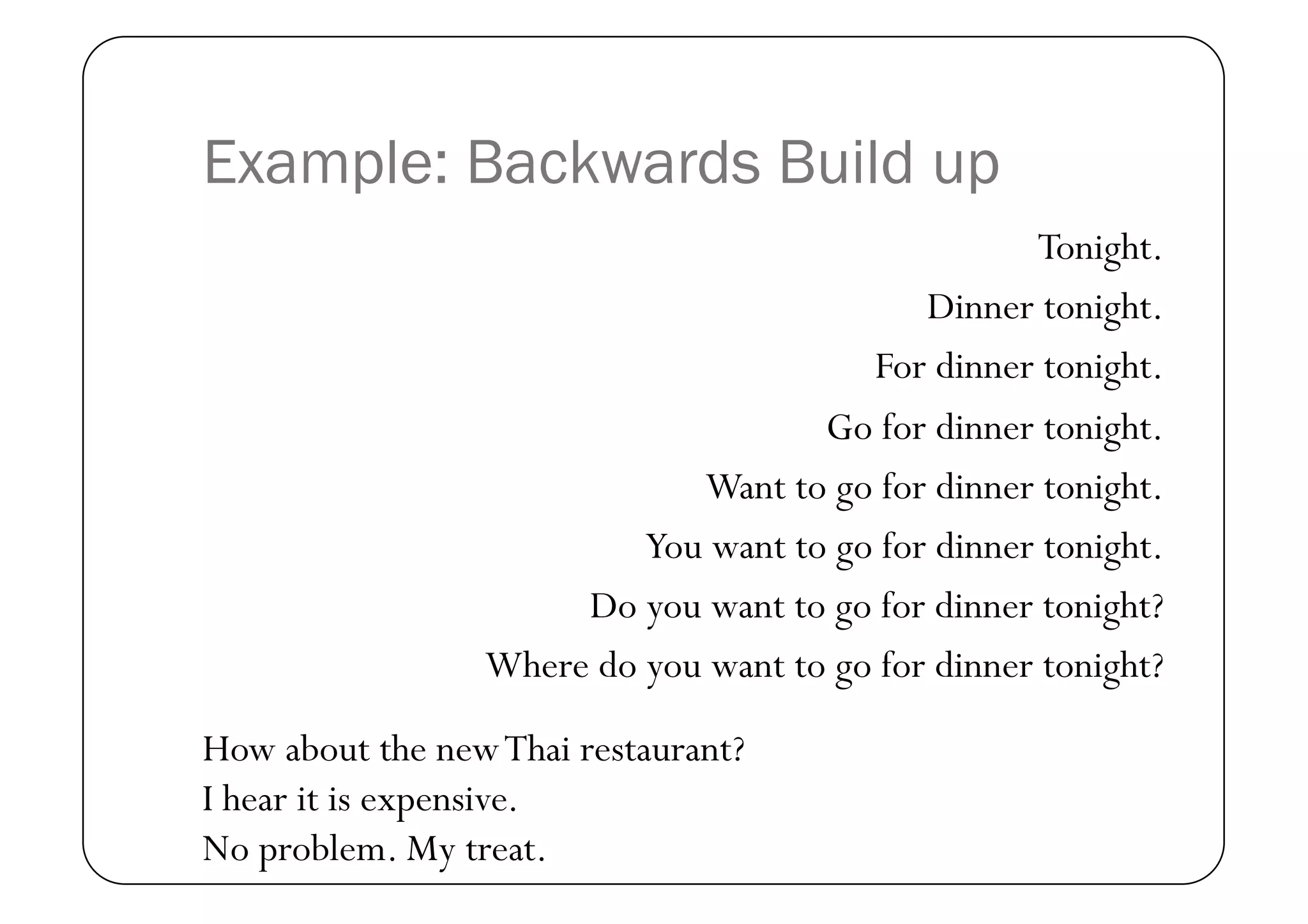 Example: Backwards Build up
                                                   Tonight.
                                            Dinner tonight.
                                        For dinner tonight.
                                     Go for dinner tonight.
                             Want to go for dinner tonight.
                          You want to go for dinner tonight.
                      Do you want to go for dinner tonight?
                 Where do you want to go for dinner tonight?
How about the new Thai restaurant?
I hear it is expensive.
No problem. My treat.
 