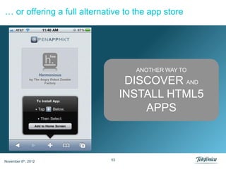 … or offering a full alternative to the app store




                                    ANOTHER WAY TO

                                   DISCOVER AND
                                  INSTALL HTML5
                                      APPS



November 6th, 2012           53
 