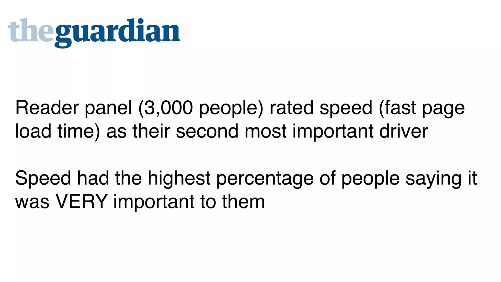 Reader panel (3,000 people) rated speed (fast page 
load time) as their second most important driver! 
! 
Speed had the highest percentage of people saying it 
was VERY important to them 
 