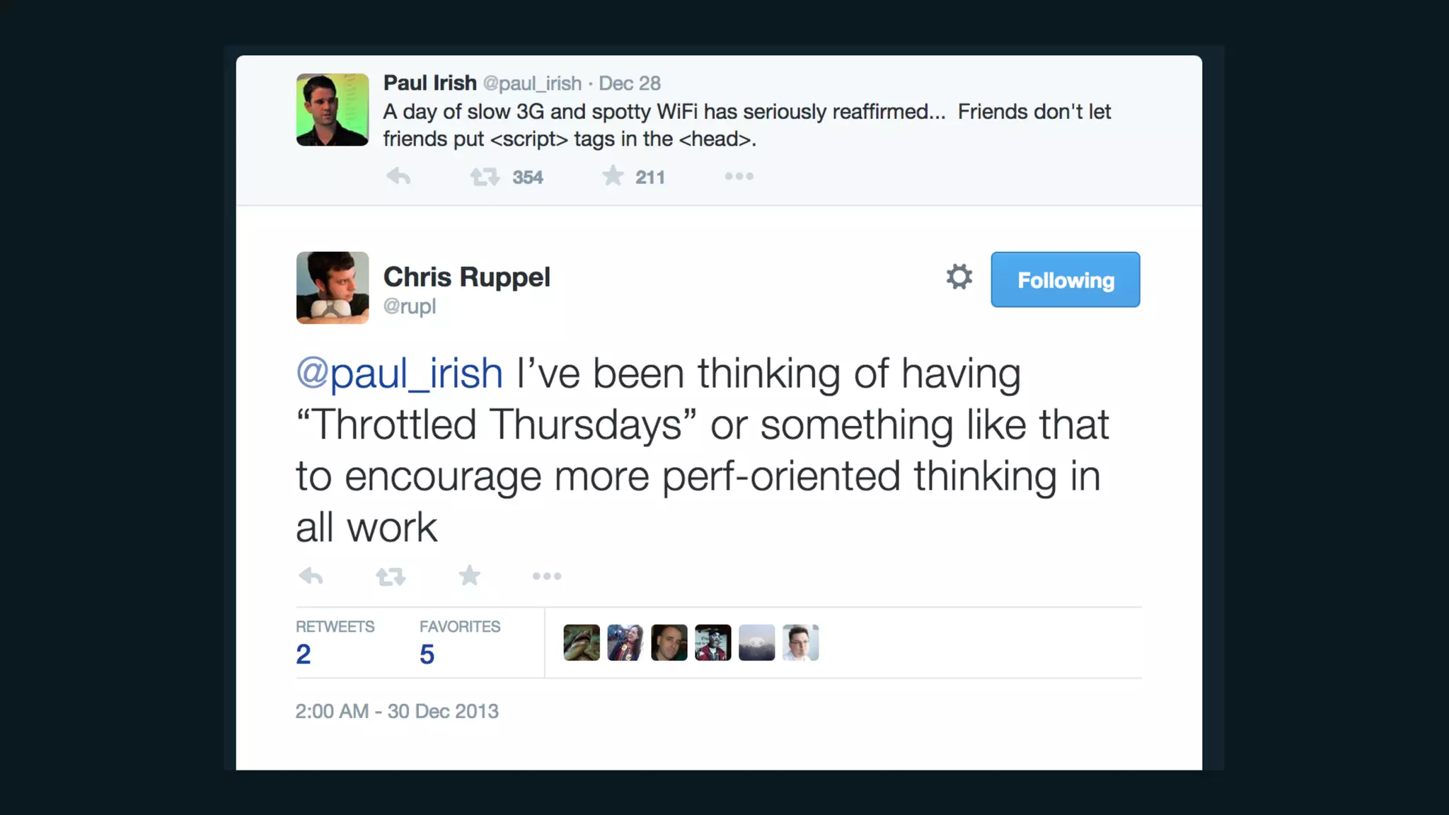 Test with a slower network connection 
Network Link Conditioner 
(or http://slowyapp.com/) 
http://jagt.github.io/clumsy/ 
 