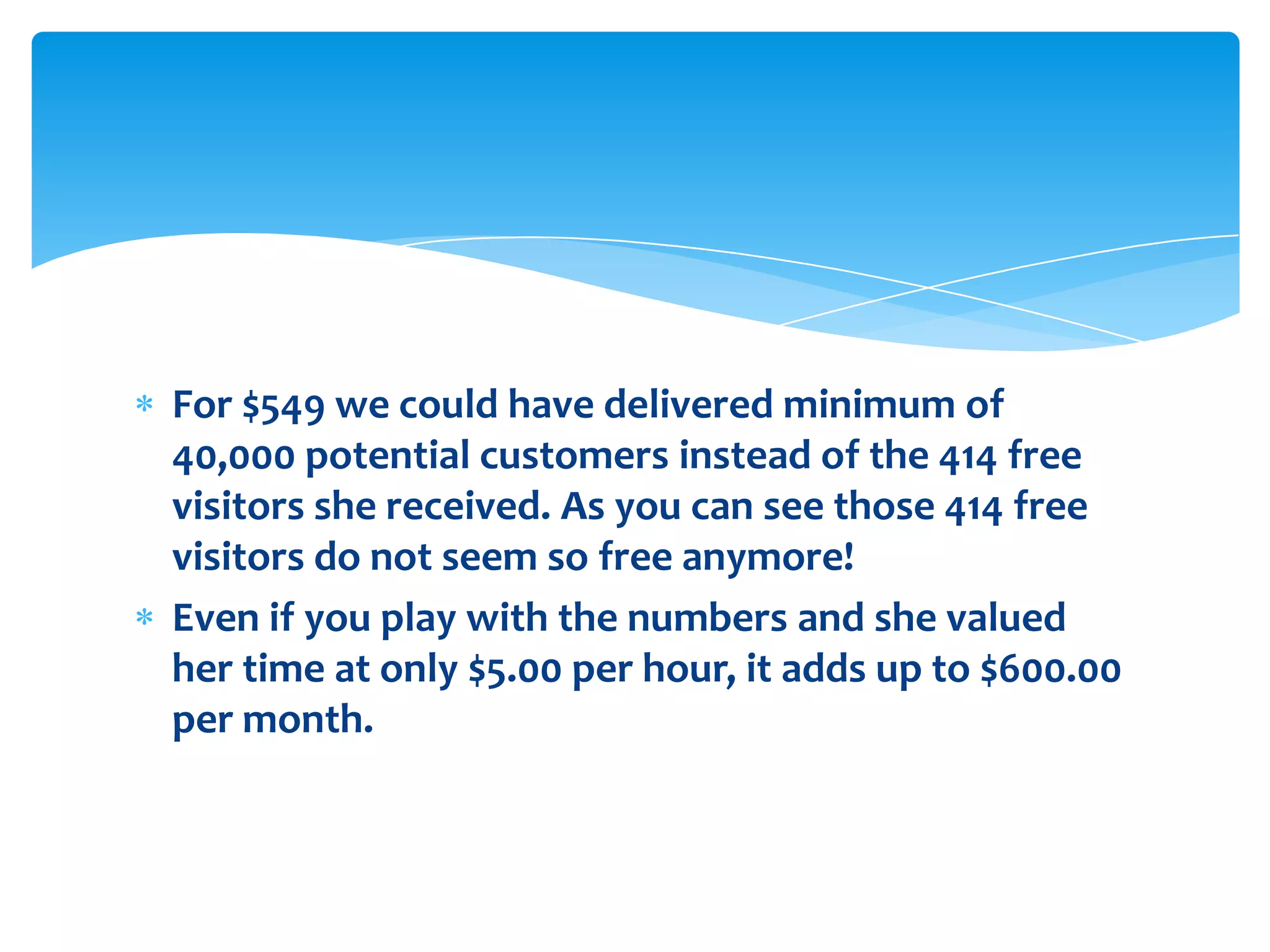 For $549 we could have delivered minimum of 40,000 potential customers instead of the 414 free visitors she received. As you can see those 414 free visitors do not seem so free anymore! Even if you play with the numbers and she valued her time at only $5.00 per hour, it adds up to $600.00 per month. 
