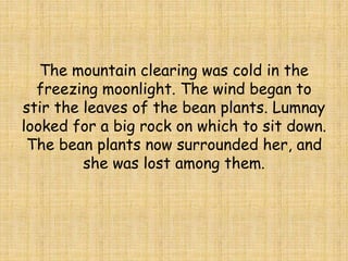The mountain clearing was cold in the
freezing moonlight. The wind began to
stir the leaves of the bean plants. Lumnay
looked for a big rock on which to sit down.
The bean plants now surrounded her, and
she was lost among them.
 
