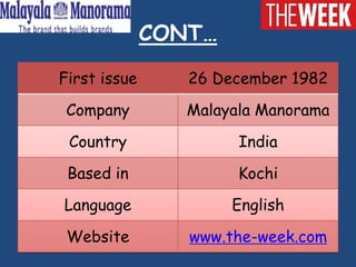 CONT…
First issue      26 December 1982
 Company         Malayala Manorama
 Country               India
 Based in              Kochi
Language              English
 Website         www.the-week.com
 