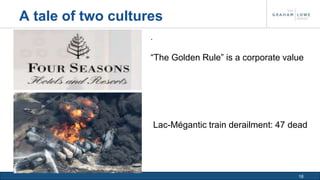 18 
A tale of two cultures 
. 
“The Golden Rule” is a corporate value 
Lac-Mégantic train derailment: 47 dead 
 