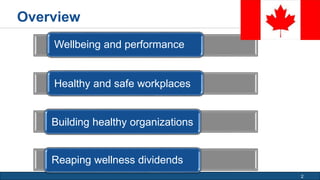 2 
Overview 
Wellbeing and performance 
Healthy and safe workplaces 
Building healthy organizations 
Reaping wellness dividends 
 