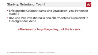 © The Werk 2018 | all rights reserved | Powerd by ZFF – Zentrum für Führung GmbH
Start-up Gründung: Team!
 Erfolgreiche Gründerteams sind (statistisch) 2,67 Personen
stark ;-)
 BAs und VCs investieren in den allermeisten Fällen nicht in
Einzelgründer, denn
»The Investor buys the jockey, not the horse!«
6
 