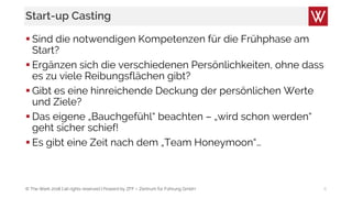 © The Werk 2018 | all rights reserved | Powerd by ZFF – Zentrum für Führung GmbH
Start-up Casting
 Sind die notwendigen Kompetenzen für die Frühphase am
Start?
 Ergänzen sich die verschiedenen Persönlichkeiten, ohne dass
es zu viele Reibungsflächen gibt?
 Gibt es eine hinreichende Deckung der persönlichen Werte
und Ziele?
 Das eigene „Bauchgefühl“ beachten – „wird schon werden“
geht sicher schief!
 Es gibt eine Zeit nach dem „Team Honeymoon“…
8
 