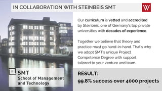 19
Our curriculum is vetted and accredited
by Steinbeis, one of Germany‘s top private
universities with decades of experience.
Together we believe that theory and
practice must go hand-in-hand. That‘s why
we adopt SMT‘s unique Project
Competence Degree with support
tailored to your venture and team.
IN COLLABORATION WITH STEINBEIS SMT
RESULT:
99.8% success over 4000 projects
 