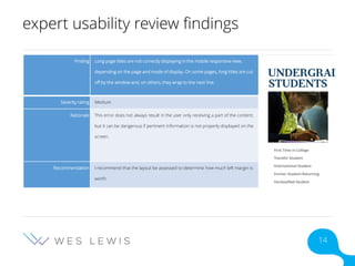 expert usability review findings
Finding Long page titles are not correctly displaying in the mobile responsive view,
depending on the page and mode of display. On some pages, long titles are cut
off by the window and, on others, they wrap to the next line.
Severity rating Medium
Rationale This error does not always result in the user only receiving a part of the content;
but it can be dangerous if pertinent information is not properly displayed on the
screen.
Recommendation I recommend that the layout be assessed to determine how much left margin is
worth.
14
 