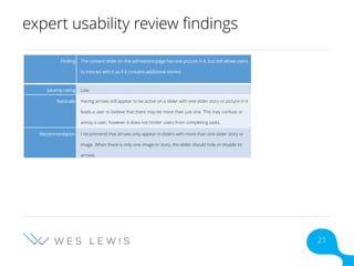 expert usability review findings
Finding The content slider on the admissions page has one picture in it, but still allows users
to interact with it as if it contains additional stories.
Severity rating Low
Rationale Having arrows still appear to be active on a slider with one slider story or picture in it
leads a user to believe that there may be more than just one. This may confuse or
annoy a user; however it does not hinder users from completing tasks.
Recommendation I recommend that arrows only appear in sliders with more than one slider story or
image. When there is only one image or story, the slider should hide or disable its
arrows.
21
 