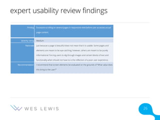 expert usability review findings
Finding Excessive scrolling on several pages in responsive view before user accesses actual
page content.
Severity rating Medium
Rationale Just because a page is beautiful does not mean that it is usable. Some pages and
elements are meant to be eye-catching; however, others are meant to be purely
informational. Forcing users to dig through images and certain blocks of text and
functionality when should not have to is the reflection of a poor user experience.
Recommendation I recommend that screen elements be evaluated on the grounds of “What value does
this bring to the user?”
26
 