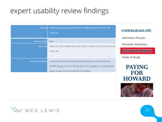 expert usability review findings
Finding Headings decrease in prominence the higher they go in the H1-H6
construct.
Severity rating Low
Rationale Users can still complete tasks, but may be unclear of the actual structure
of the site.
Recommendation I recommend that heading size should decrease in prominence the
LOWER they go in the H1-H6 construct. For example, H1 should be the
largest header and H6 should be the smallest.
29
 