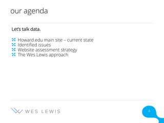 our agenda
Let’s talk data.
Howard.edu main site – current state
Identified issues
Website assessment strategy
The Wes Lewis approach
4
 