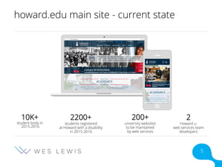 howard.edu main site - current state
10K+
student body in
2015-2016
2200+
students registered
at Howard with a disability
in 2015-2016
200+
university websites
to be maintained
by web services
2
Howard u.
web services team
developers
5
 