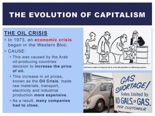 THE OIL CRISIS
 In 1973, an economic crisis
began in the Western Bloc.
 CAUSE:
 This was caused by the Arab
oil-producing countries´
decision to increase the price
of oil.
 This increase in oil prices,
known as the Oil Crisis, made
raw materials, transport,
electricity and industrial
production more expensive.
 As a result, many companies
had to close.
THE EVOLUTION OF CAPITALISM
 