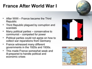 France After World War I
• After WWI – France became the Third
Republic
• Third Republic plagued by corruption and
scandals
• Many political parties – conservative to
communist – competed for power
• Political parties could not agree on how to
collect war reparations from Germany
• France witnessed many different
governments in the 1920s and 1930s.
• This made France somewhat weak and
ill-prepared to handle political and
economic crises
 