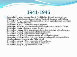 1941-1945December 7, 1941 - Japanese bomb Pearl Harbor, Hawaii; also attack the Philippines, Wake Island, Guam, Malaya, Thailand, Shanghai and Midway.December 8, 1941 - U.S. and Britain declare war on Japan. Japanese land near Singapore and enter Thailand.December 9, 1941 - China declares war on Japan.December 10, 1941 - Japanese invade the Philippines and also seize Guam.December 11, 1941 - Japanese invade Burma.December 15, 1941 - First Japanese merchant ship sunk by a U.S. submarine. December 16, 1941 - Japanese invade British Borneo.December 18, 1941 - Japanese invade Hong Kong.December 22, 1941 - Japanese invade Luzon in the Philippines.December 23, 1941 - General Douglas MacArthur begins a withdrawal from Manila to Bataan; Japanese take Wake Island.December 25, 1941 - British surrender at Hong Kong.December 26, 1941 - Manila declared an open city.December 27, 1941 - Japanese bomb Manila.