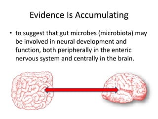 Evidence Is Accumulating
• to suggest that gut microbes (microbiota) may
be involved in neural development and
function, both peripherally in the enteric
nervous system and centrally in the brain.
 