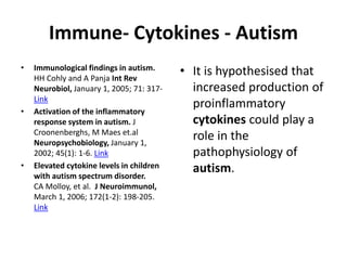 Immune- Cytokines - Autism
• Immunological findings in autism.
HH Cohly and A Panja Int Rev
Neurobiol, January 1, 2005; 71: 317-
Link
• Activation of the inflammatory
response system in autism. J
Croonenberghs, M Maes et.al
Neuropsychobiology, January 1,
2002; 45(1): 1-6. Link
• Elevated cytokine levels in children
with autism spectrum disorder.
CA Molloy, et al. J Neuroimmunol,
March 1, 2006; 172(1-2): 198-205.
Link
• It is hypothesised that
increased production of
proinflammatory
cytokines could play a
role in the
pathophysiology of
autism.
 