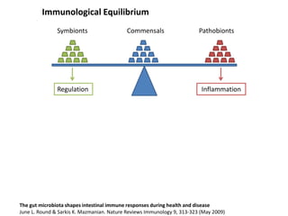 Regulation Inflammation
Symbionts Commensals Pathobionts
Immunological Equilibrium
Regulation
Inflammation
Immunological Disequilibrium Dysbiosis/Pathogens
The gut microbiota shapes intestinal immune responses during health and disease
June L. Round & Sarkis K. Mazmanian. Nature Reviews Immunology 9, 313-323 (May 2009)
 