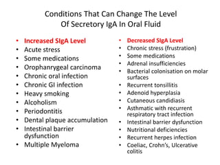 Conditions That Can Change The Level
Of Secretory IgA In Oral Fluid
• Increased SIgA Level
• Acute stress
• Some medications
• Orophanrygeal carcinoma
• Chronic oral infection
• Chronic GI infection
• Heavy smoking
• Alcoholism
• Periodontitis
• Dental plaque accumulation
• Intestinal barrier
dysfunction
• Multiple Myeloma
• Decreased SIgA Level
• Chronic stress (frustration)
• Some medications
• Adrenal insufficiencies
• Bacterial colonisation on molar
surfaces
• Recurrent tonsillitis
• Adenoid hyperplasia
• Cutaneous candidiasis
• Asthmatic with recurrent
respiratory tract infection
• Intestinal barrier dysfunction
• Nutritional deficiencies
• Recurrent herpes infection
• Coeliac, Crohn’s, Ulcerative
colitis
 