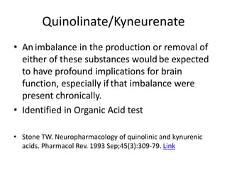 Quinolinate/Kyneurenate
• An imbalance in the production or removal of
either of these substances would be expected
to have profound implications for brain
function, especially if that imbalance were
present chronically.
• Identified in Organic Acid test
• Stone TW. Neuropharmacology of quinolinic and kynurenic
acids. Pharmacol Rev. 1993 Sep;45(3):309-79. Link
 