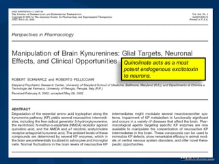 Quinolinate acts as a most
potent endogenous excitotoxin
to neurons.
 