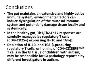 • The gut maintains an extensive and highly active
immune system, environmental factors can
induce dysregulation of the mucosal immune
system and potentially damage tissue locally and
systemically.
• In the healthy gut, Th1,Th2,Th17 responses are
carefully managed by regulatory T cells
(CD4+CD25+) expressing IL- 10 and TGF-β.
• Depletion of IL-10- and TGF-β-producing
regulatory T cells, or homing of CD4+CD25RBHIGH
T cells in the GI tissue of children with autism,
may be responsible for GI pathology reported by
different investigators in autism.
Conclusions
 
