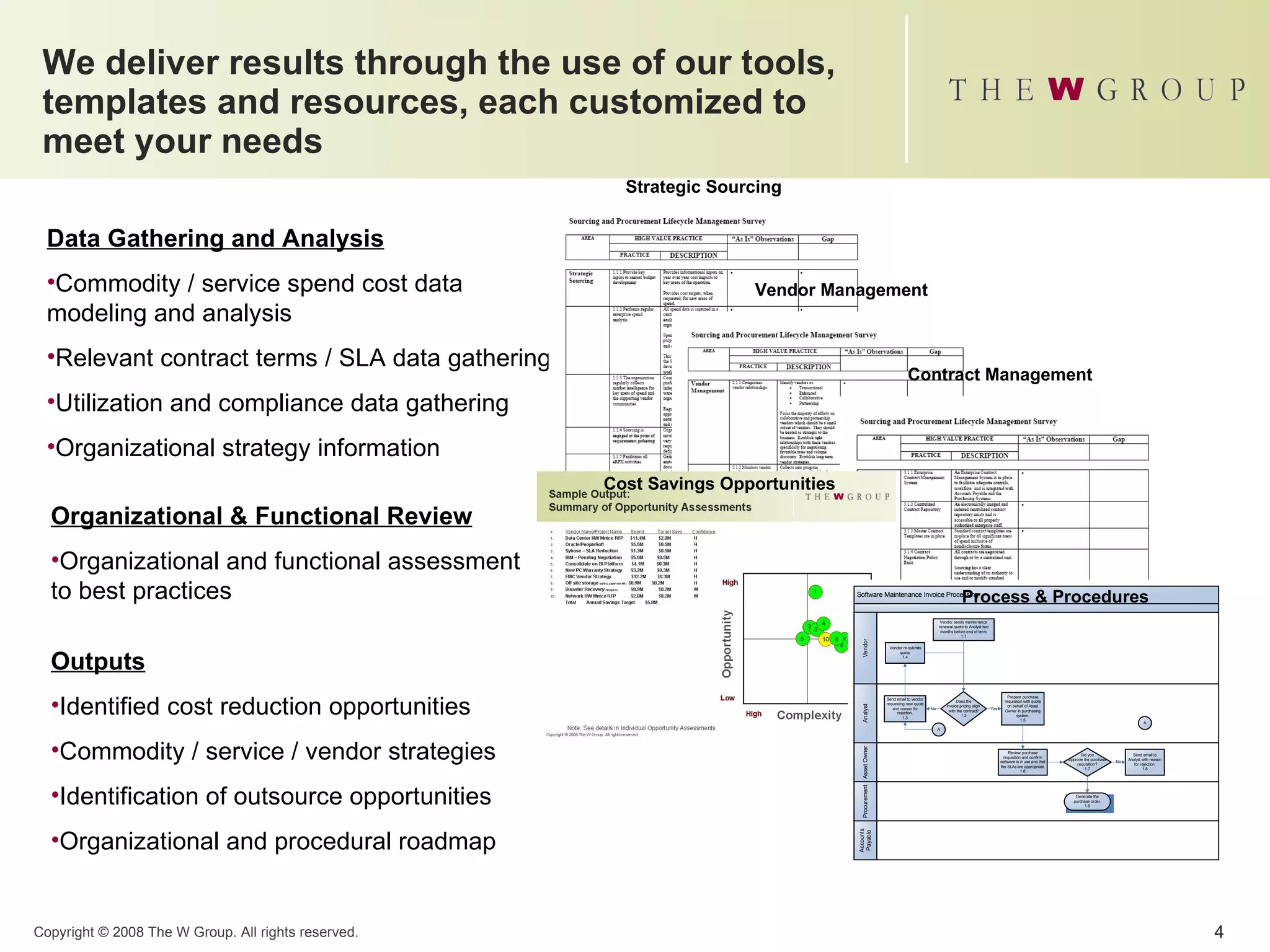 We deliver results through the use of our tools, templates and resources, each customized to meet your needs Data Gathering and Analysis Commodity / service spend cost data modeling and analysis Relevant contract terms / SLA data gathering Utilization and compliance data gathering Organizational strategy information Organizational & Functional Review Organizational and functional assessment to best practices Outputs Identified cost reduction opportunities Commodity / service / vendor strategies Identification of outsource opportunities Organizational and procedural roadmap  Strategic Sourcing Vendor Management Contract Management Cost Savings Opportunities Process & Procedures 