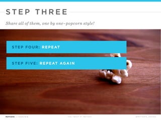 T H E “ W H AT I F ” M E T H O D @ M O T I VAT E _ D E S I G N
S T E P T H R E E
Share all of them, one by one–popcorn style!
STEP FOUR: REPEAT
 
