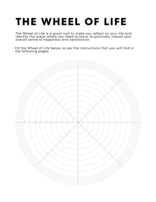 THE WHEEL OF LIFE
The Wheel of Life is a great tool to make you reflect on your life and
identify the areas where you need to focus to positively impact your
overall sense of happiness and satisfaction.
Fill the Wheel of Life below as per the instructions that you will find in
the following pages.
1
2
3
4
5
6
7
8
9
10
 