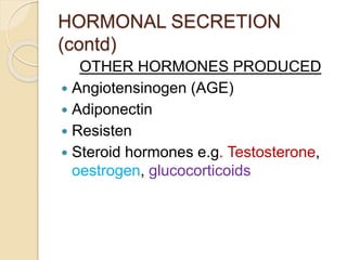 HORMONAL SECRETION
(contd)
OTHER HORMONES PRODUCED
 Angiotensinogen (AGE)
 Adiponectin
 Resisten
 Steroid hormones e.g. Testosterone,
oestrogen, glucocorticoids
 