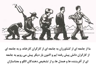 ‫ﺍﻱ‬ ‫ﺟﺎﻣﻌﻪ‬ ‫ﺑﻪ‬ ‫ﻭ‬ ،‫ﻛﺎﺭﺧﺎﻧﻪ‬ ‫ﻛﺎﺭﮔﺮﺍﻥ‬ ‫ﺍﺯ‬ ‫ﺍﻱ‬ ‫ﺟﺎﻣﻌﻪ‬ ‫ﺑﻪ‬ ‫ﻛﺸﺎﻭﺭﺯﺍﻥ‬ ‫ﺍﺯ‬ ‫ﺍﻱ‬ ‫ﺟﺎﻣﻌﻪ‬ ‫ﺍﺯ‬ ‫ﻣﺎ‬
‫ﺟﺎﻣﻌﻪ‬ ‫ﺑﻪ‬ ‫ﺭﻭﻳﻢ‬ ‫ﻣﻲ‬ ‫ﭘﻴﺶ‬ ‫ﺩﻳﮕﺮ‬ ‫ﺑﺎﺭ‬ ‫ﺍﻛﻨﻮﻥ‬ ‫ﻭ‬ ‫ﺍﻳﻢ‬ ‫ﺭﻓﺘﻪ‬ ‫ﭘﻴﺶ‬ ‫ﺩﺍﻧﺶ‬ ‫ﻛﺎﺭﮔﺮﺍﻥ‬ ‫ﺍﺯ‬
‫ﻣﻌﻨﺎﺳﺎﺯﺍﻥ‬ ‫ﻭ‬ ‫ﺍﻟﮕﻮ‬ ‫ﺩﻫﻨﺪﮔﺎﻥ‬ ‫ﺗﺸﺨﻴﺺ‬ ‫ﺍﺯ‬ ‫ﻭ‬ ،‫ﻫﺎ‬ ‫ﻫﻤﺪﻝ‬ ‫ﻭ‬ ‫ﻫﺎ‬ ‫ﺁﻓﺮﻳﻨﻨﺪﻩ‬ ‫ﺍﺯ‬ ‫ﺍﻱ‬
 