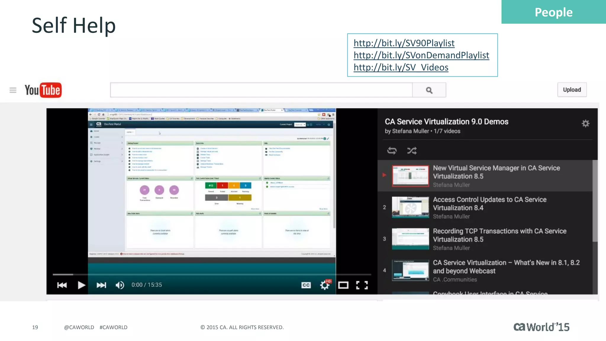 19 © 2015 CA. ALL RIGHTS RESERVED.@CAWORLD #CAWORLD
Self Help
http://bit.ly/SV90Playlist
http://bit.ly/SVonDemandPlaylist
http://bit.ly/SV_Videos
People
 