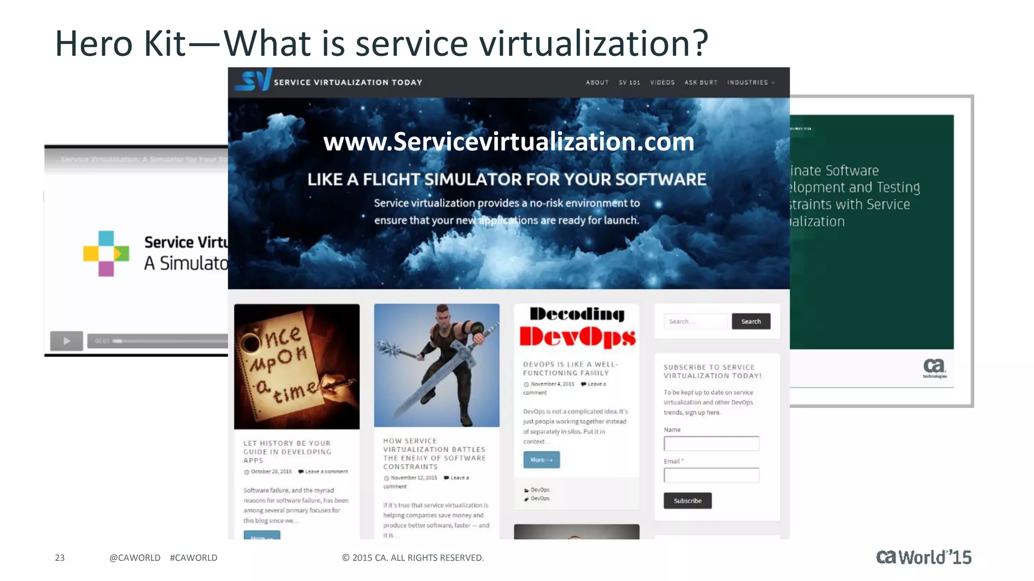 23 © 2015 CA. ALL RIGHTS RESERVED.@CAWORLD #CAWORLD
Hero Kit—What is service virtualization?
www.Servicevirtualization.com
 