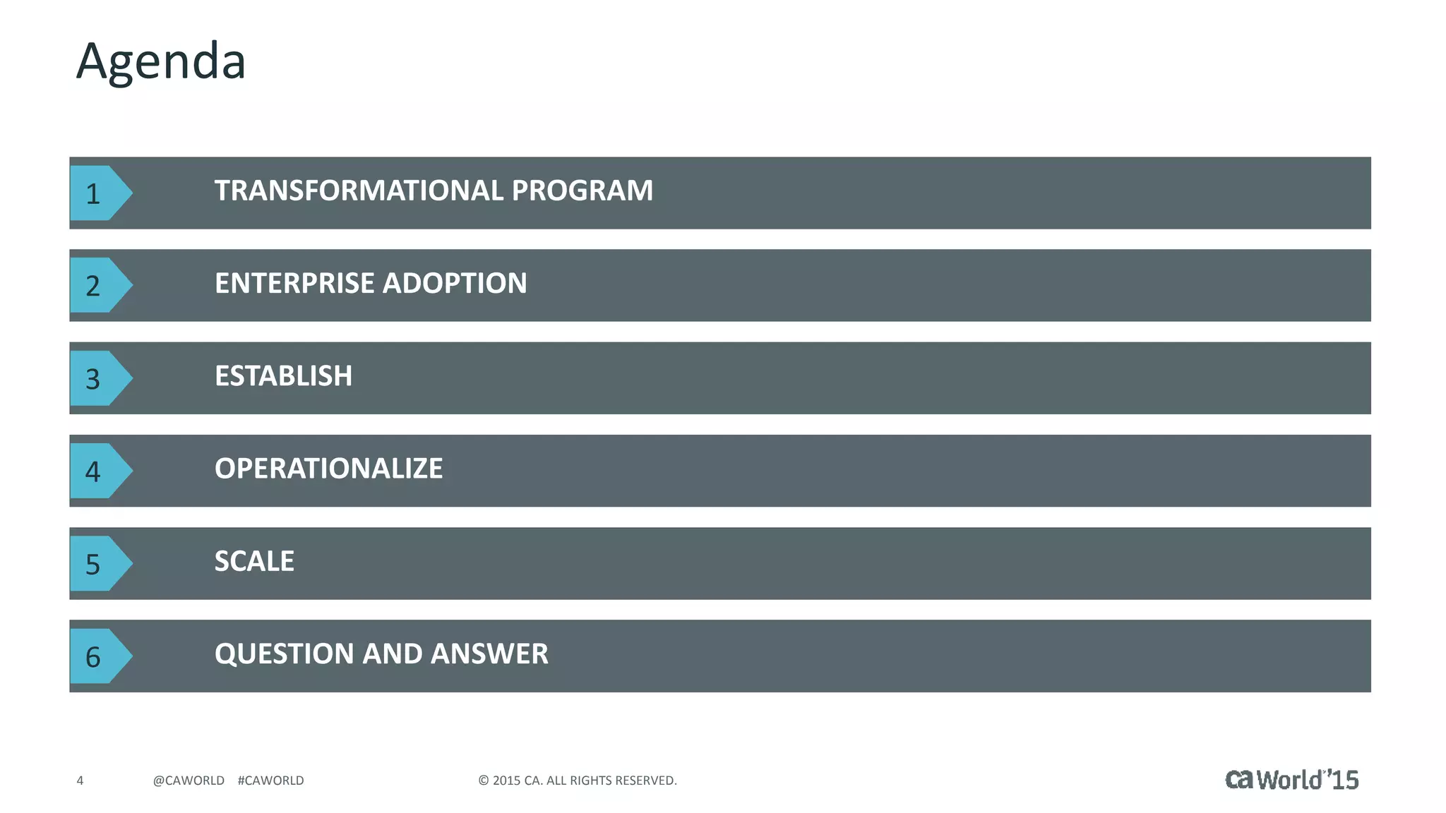 4 © 2015 CA. ALL RIGHTS RESERVED.@CAWORLD #CAWORLD
Agenda
TRANSFORMATIONAL PROGRAM
ENTERPRISE ADOPTION
QUESTION AND ANSWER
ESTABLISH
OPERATIONALIZE
SCALE
1
2
3
4
5
6
 