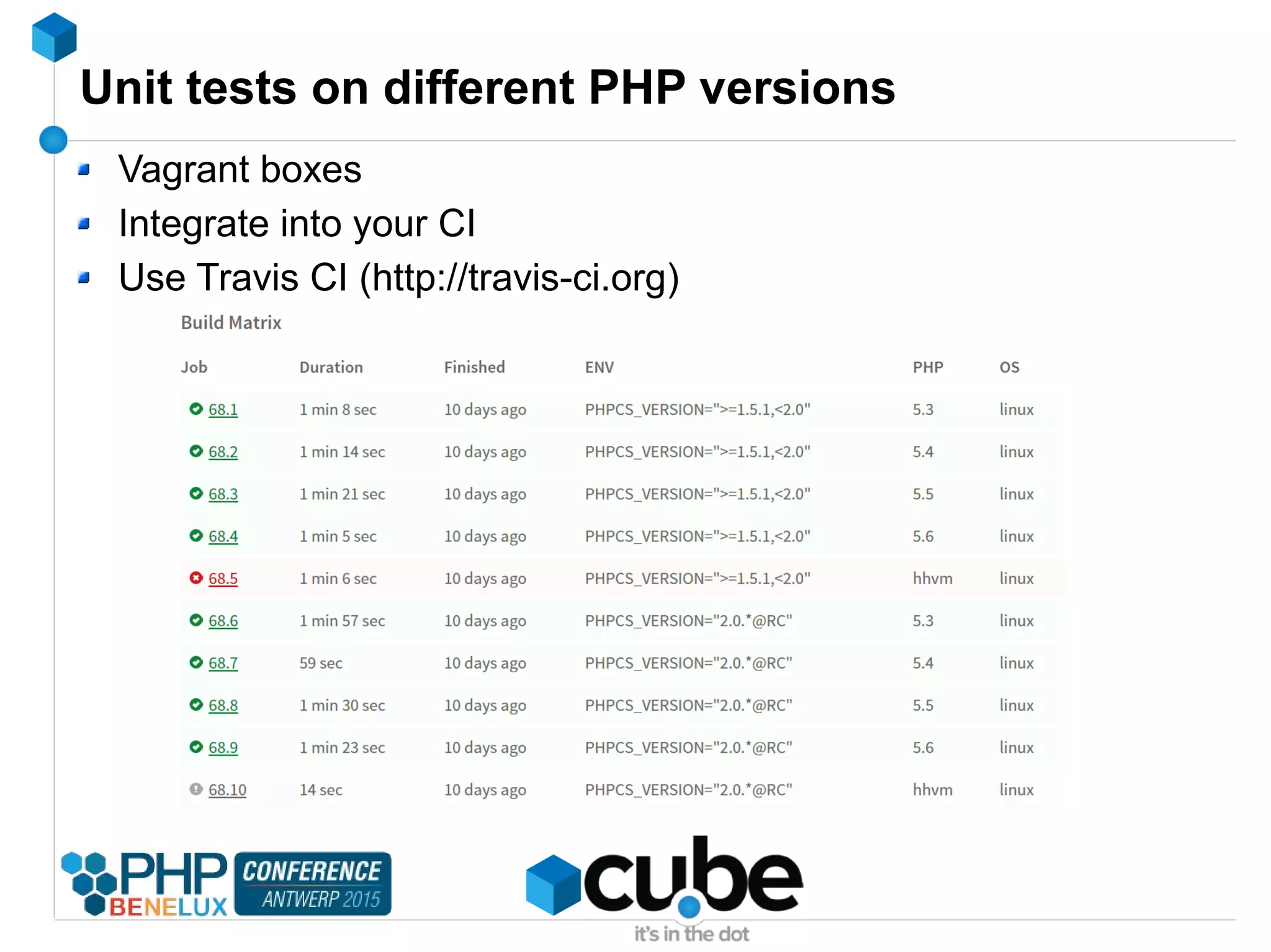 Unit tests on different PHP versions
Vagrant boxes
Integrate into your CI
Use Travis CI (http://travis-ci.org)
 