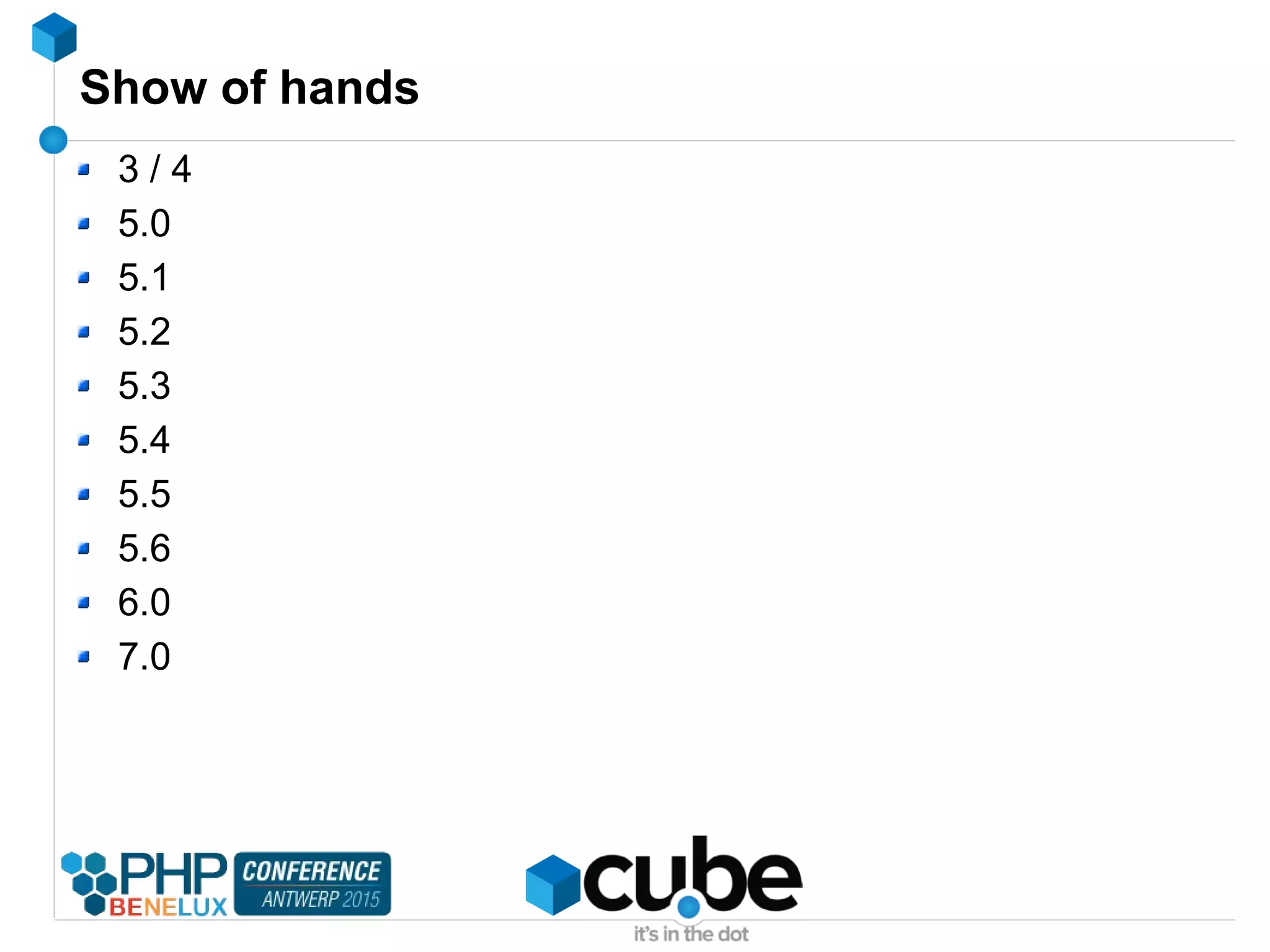 Show of hands
3 / 4
5.0
5.1
5.2
5.3
5.4
5.5
5.6
6.0
7.0
 
