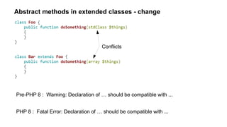Abstract methods in extended classes - change
Conflicts
Pre-PHP 8 : Warning: Declaration of … should be compatible with .....